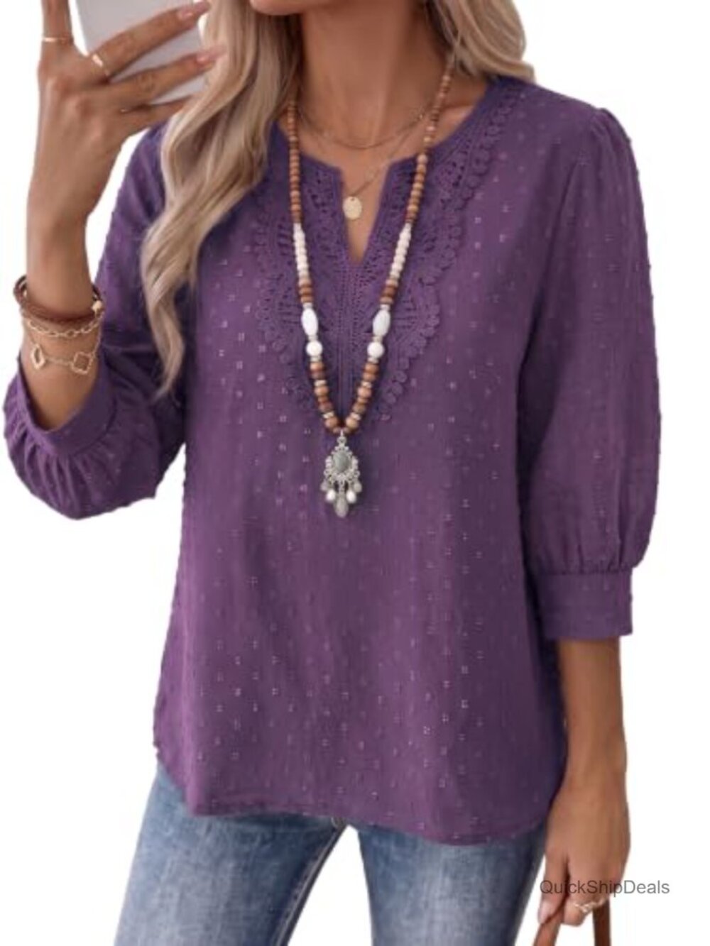 Women's Boho 3/4 Sleeve V-Neck Swiss Dot Lace Blouse
